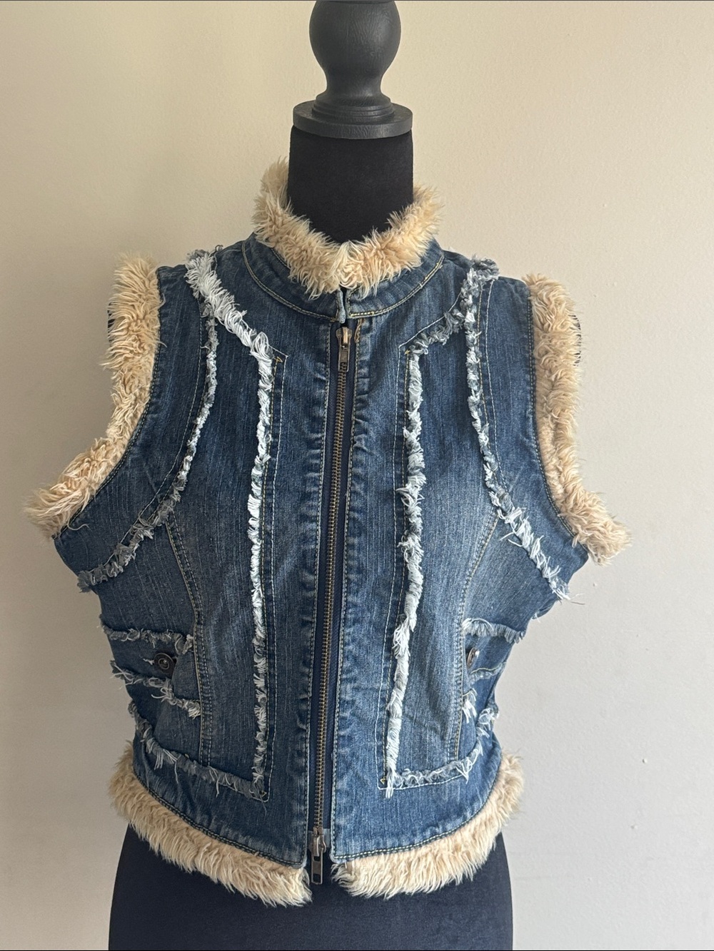 Denim Zip Front Vest with Faux Fur Trim - Blue